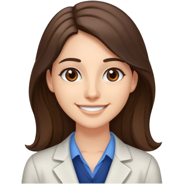 A young teacher smiling with brunette long hair an brown big eyes,  emoji