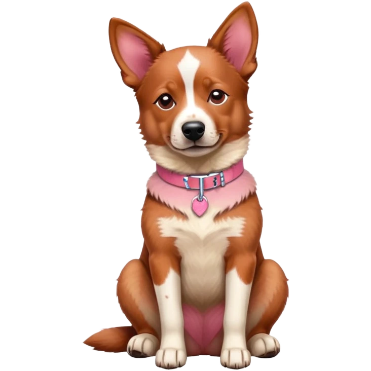 Australian red heeler dog sitting down facing forward, with a pink collar around neck emoji