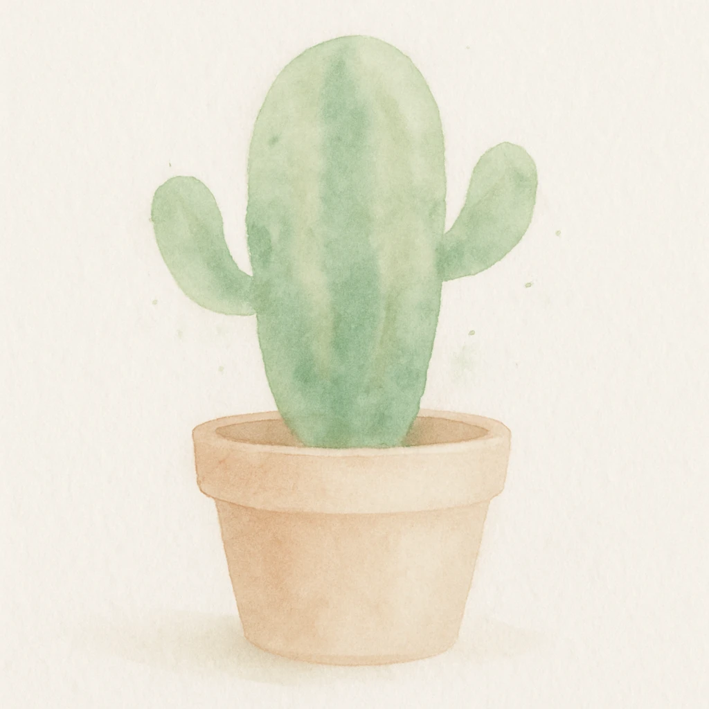 watercolor cactus in a clay pot, subtle green shades and splashes of color emoji