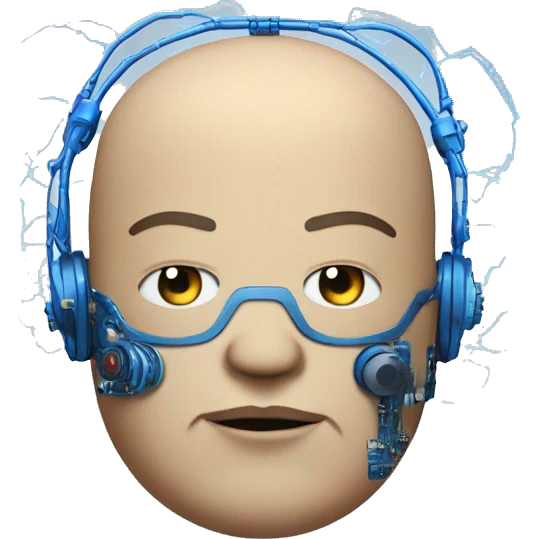 Fat bald cyborg head with tan skin, blue beard, blue goggles and circuits emoji
