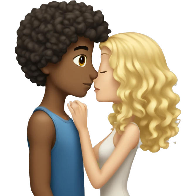 Short haired curly brunette boy kissing long haired blonde girl emoji
