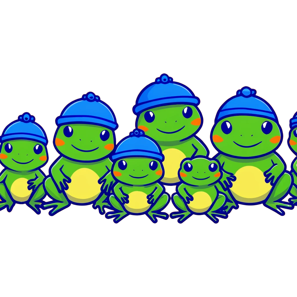 a family of frogs wearing blue hats, parent frogs and baby frogs all together emoji