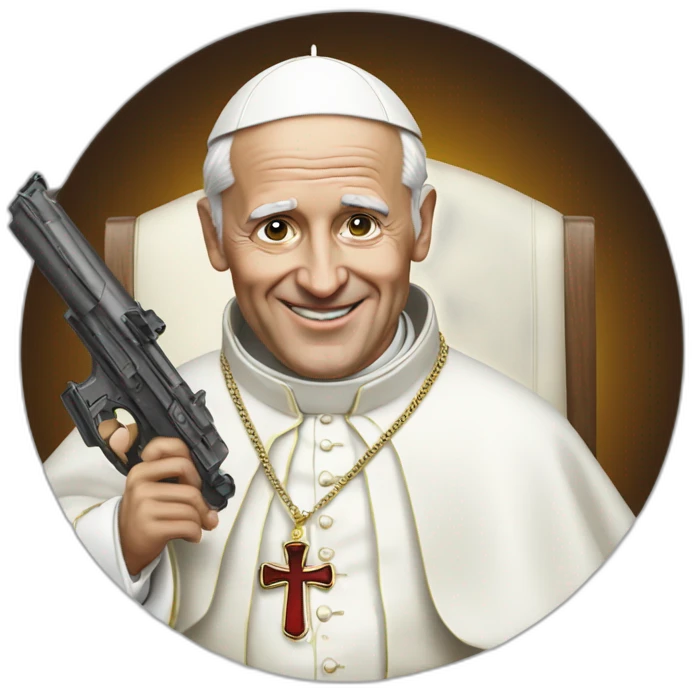 Hyper realistic pope with gun smiling emoji