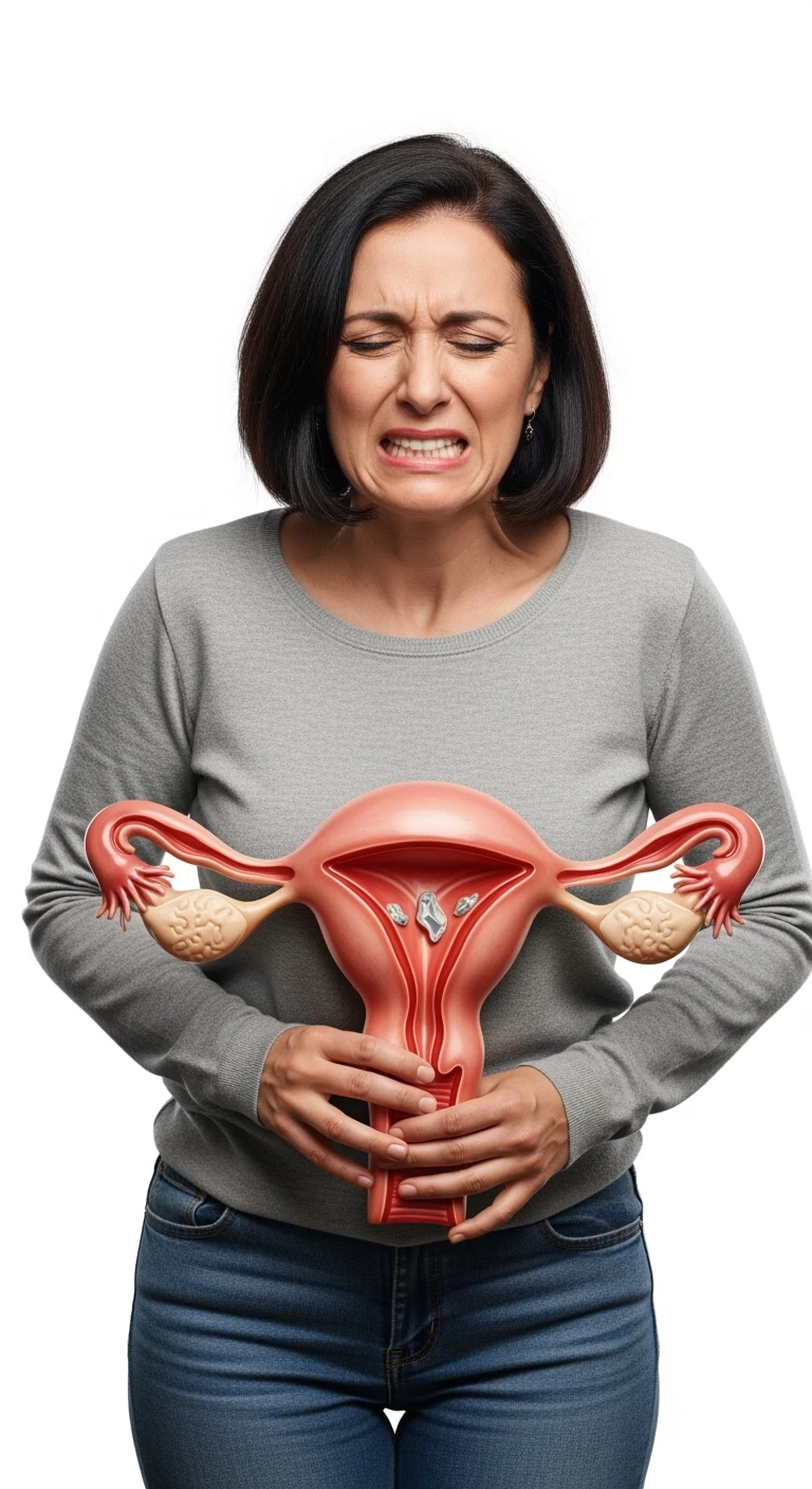 donna vestita casual realistico con utero umano anatomico in evidenza, dolore in volto, IPERREALISTICO 4K, sfondo bianco emoji