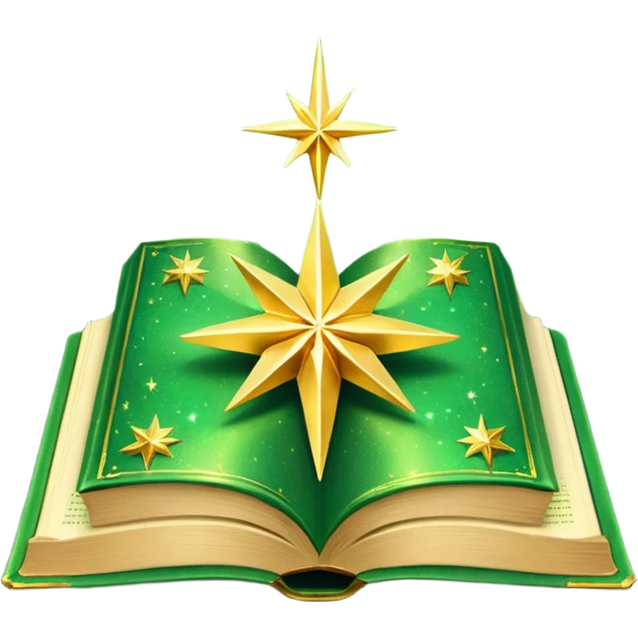 A **green, opened glowing book** with **golden edges**, floating with **sparkles and magical wisps** around it. The cover features a **golden starburst sigil**, symbolizing charm and radiance. ✨📖 emoji
