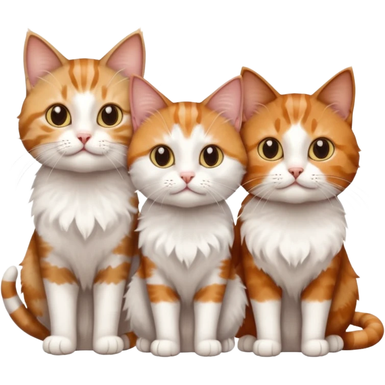 3 sibling cats all different natural colours; 1 is ginger and white, the next is brown tabby and white and the third is a calico emoji