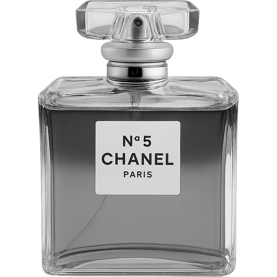 Convert the image to black and white, keeping only the realistic Chanel perfume bottle. Preserve the glass reflections and details. The background should be transparent. emoji