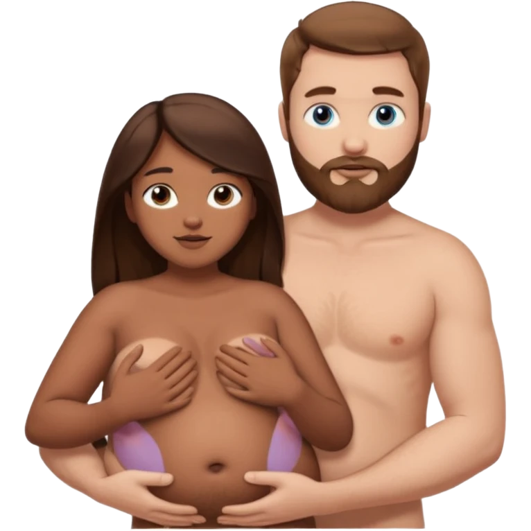chubby white guy with brown hair and beard and blue eyes, holding a brown girl with long dark hair and brown eyes in arms, naked, showing tits and pussy emoji