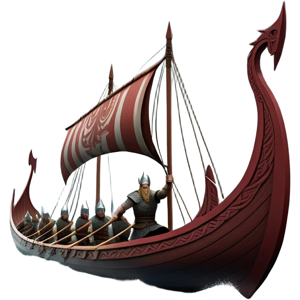 detailed-cinematic-viking-longboat, rendered in a flat, bold vector style with minimal shading, featuring a striking dragon-headed prow slicing through waters. shields on the side and vikings rowing The longboat’s, the boat has carved motifs evoke a sense of epic adventure and Nordic might, with billowing sails catching a dramatic, stormy sky backdrop. emoji