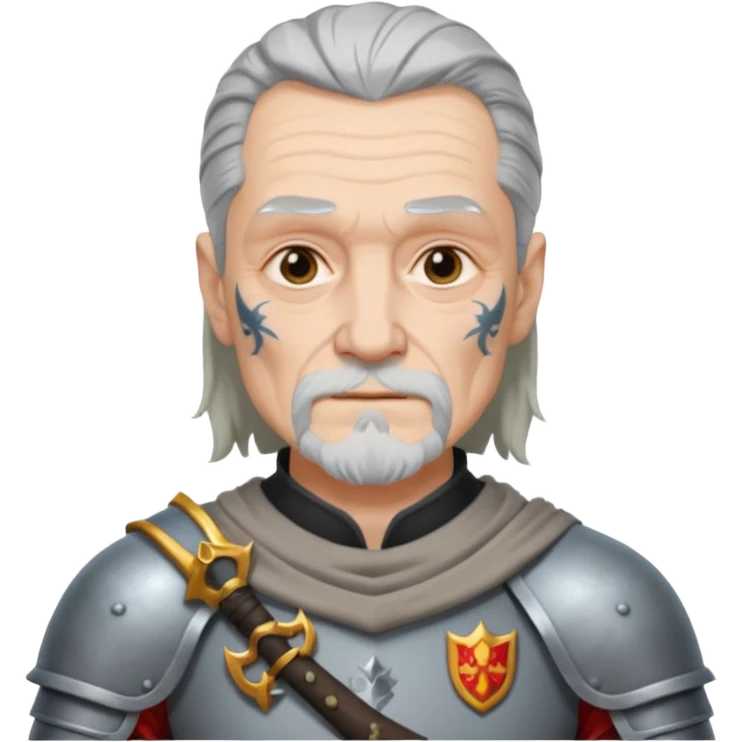 elderly tattooed knight, tattooed shoulder, long hair emoji