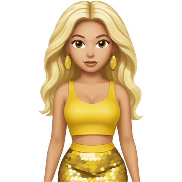 Beyonce with long platinum blonde hair, yellow sequin crop top yellow sequin skirt, gold earring emoji