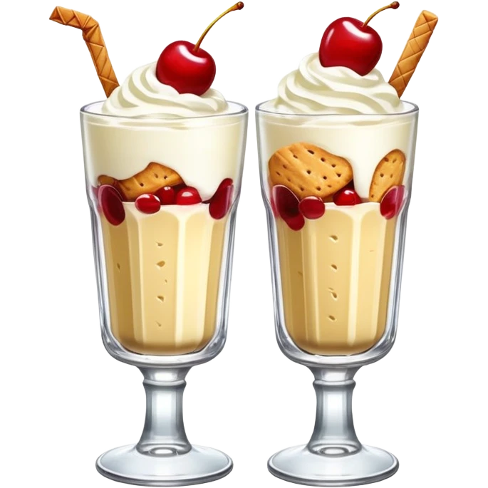 A tall glass parfait with vanilla ice cream, whipped cream, red cherry on top, and biscuit sticks, served in a retro kissaten glass. emoji