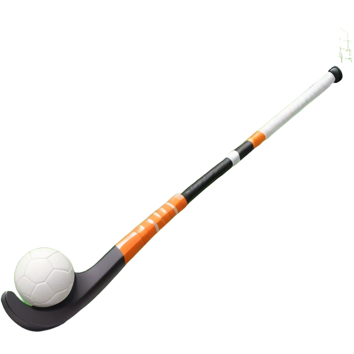 A field hockey stick and ball positioned on a vibrant green grass field, with the goalposts and clear field markings in the background. The scene highlights the lush, well-maintained turf, emphasizing the speed and precision of the sport in an energizing outdoor setting. emoji