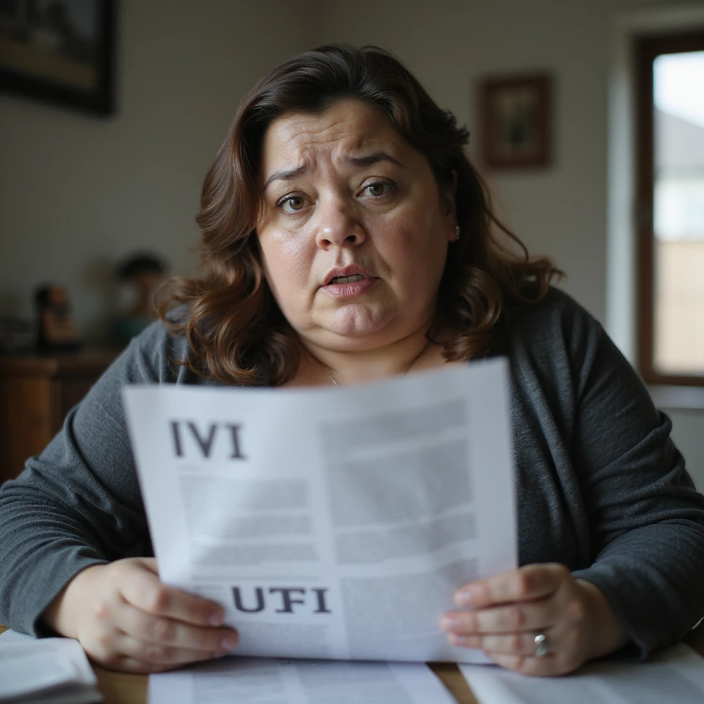 Obese woman trying to read a document, letters appearing blurred or flying off the page, confused expression, home environment, hyperrealistic 4K details. emoji