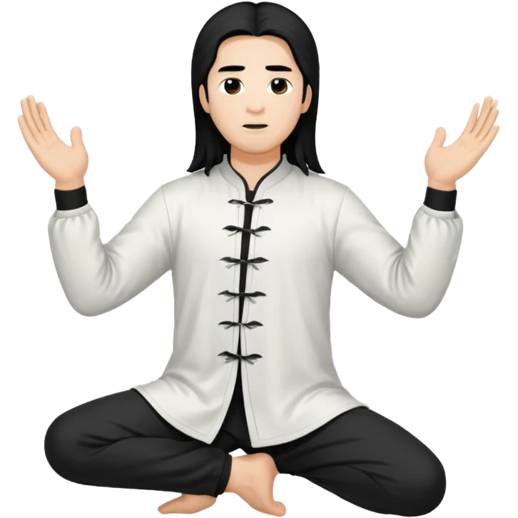 homme au cheveux long qui pratique le qi gong, habits noirs ou blancs, en position debout emoji