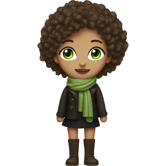 A girl with curly brown head and white skin. Green eyes long lashes wearing high knee boots , mini skirt with black tights  a leather jacket and a beige scarf with matcha green note on her hand  emoji