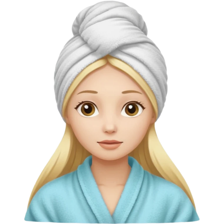 mulher branca e loira cabelo longo com toalha na cabeça tipo spa emoji