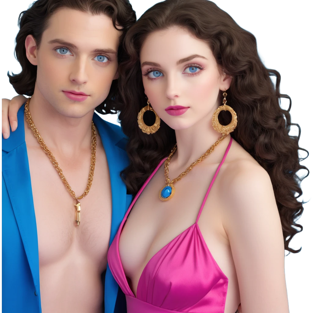 attractive couple in nightclub, colorful lights, woman with big blue-grey eyes, long lashes, pale skin, pink lips, long voluminous dark brown curls, gold hoop earrings, revealing silky halter top next to handsome man with intense blue-grey eyes, chiseled features, pale skin, confident smirk, dark brown styled hair, gold chain, revealing open shirt, dancing together emoji