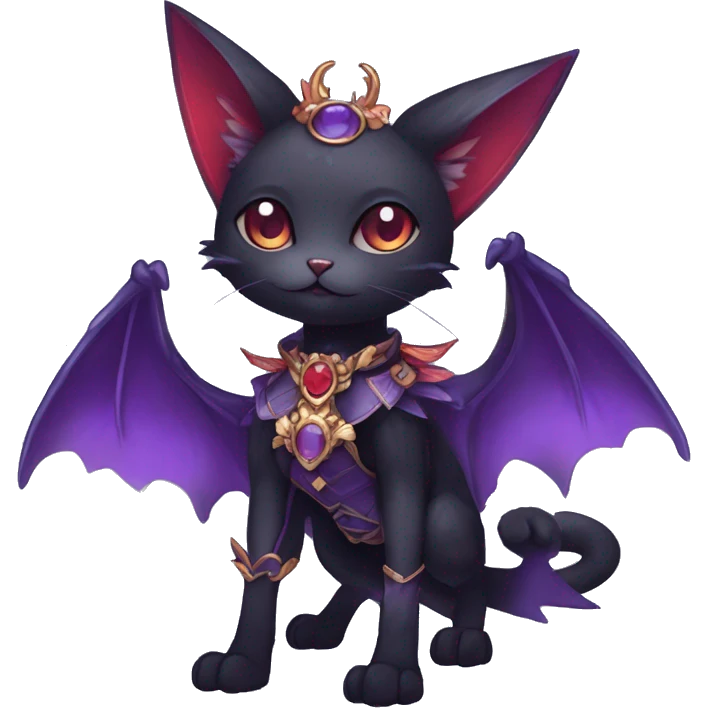 cool kawaii edgy black purple red ethereal fantasy beautiful elegant nargacuga-bat-cat-Fakemon wearing legs spats a collar harness with jewelries full body emoji