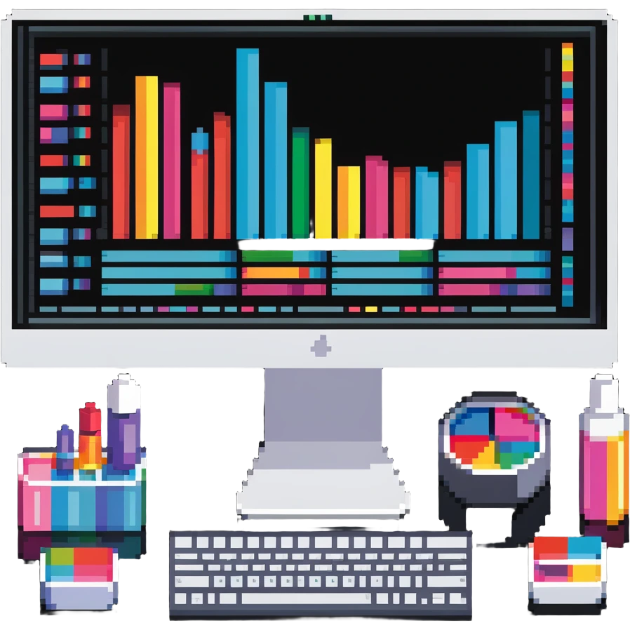 iMac computer with colorful bar charts and beauty products inside the screen emoji