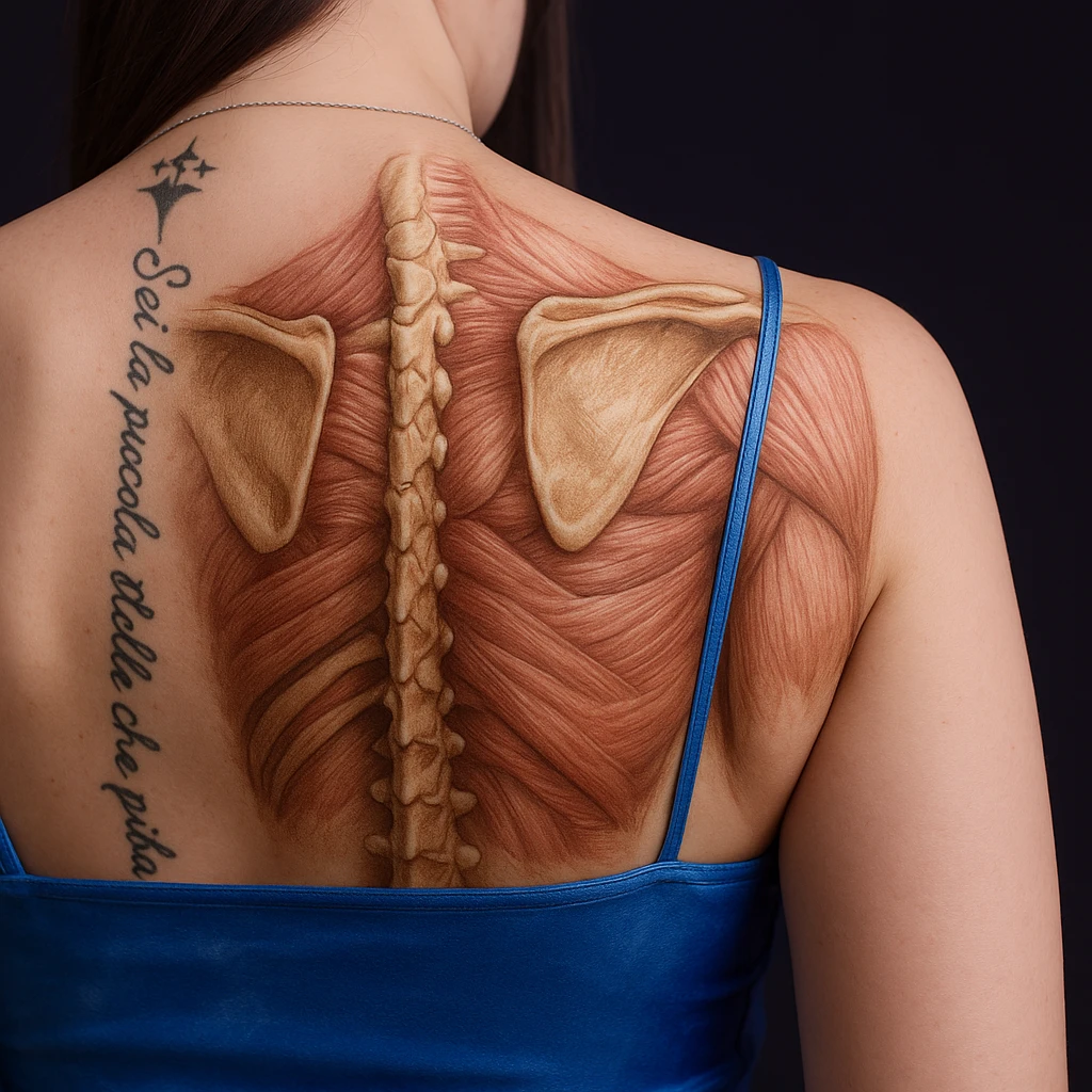 Add anatomically detailed and well-visible scapulae on the woman's back in a realistic anatomical style, with slight highlighting of the surrounding muscles. The image should emphasize anatomical accuracy and muscle structure around the scapulae. emoji