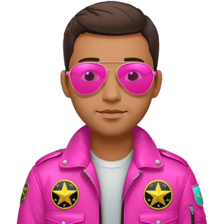 1980s cool man with stubble wearing reflective neon pink aviator sunglasses and a pilot topgun jacket emoji