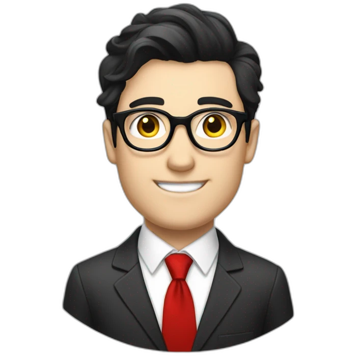 Man in a suit and red necktie with black side sweep hair, pale skin, black reading glasses, emoji