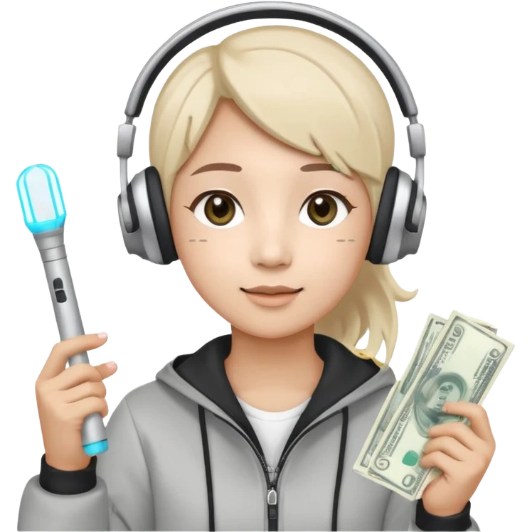cute emoji style illustration of a K-pop fan holding a bright lightstick in one hand and cash money bills in the other hand, wearing a large headset on the head, round face, simple eyes, flat vector style, soft colors, transparent background, clean outline emoji
