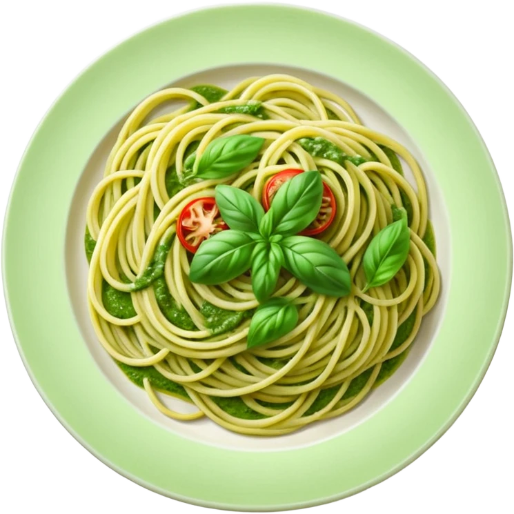 spaghetti with green pesto, appetizing, top-down view emoji