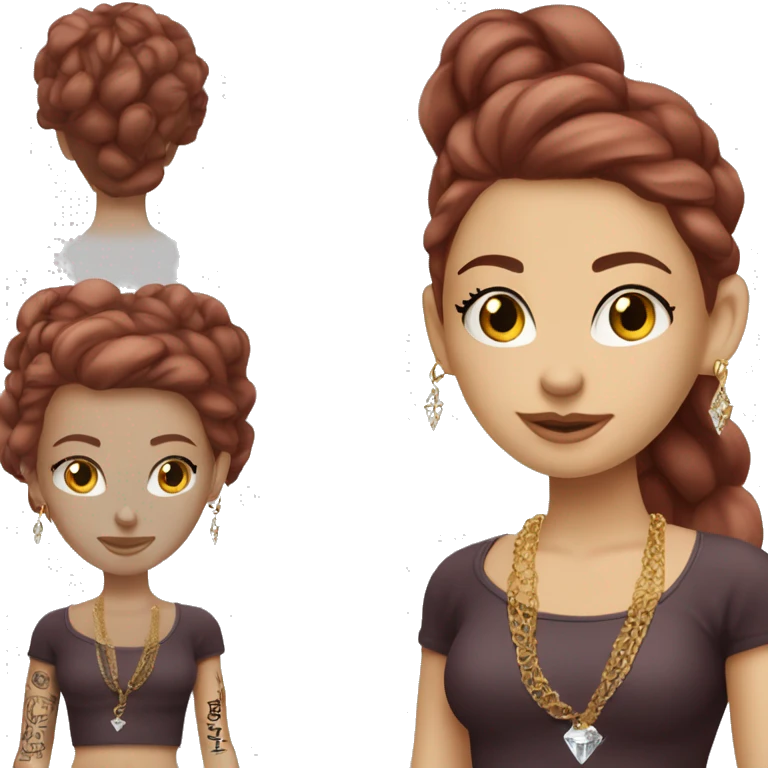 Caucasian European girl with light complexion and features . long burgundy hair, long eyelashes and has tattoos. She is wearing a crop top shirt and gold chain necklace and diamond earrings  emoji