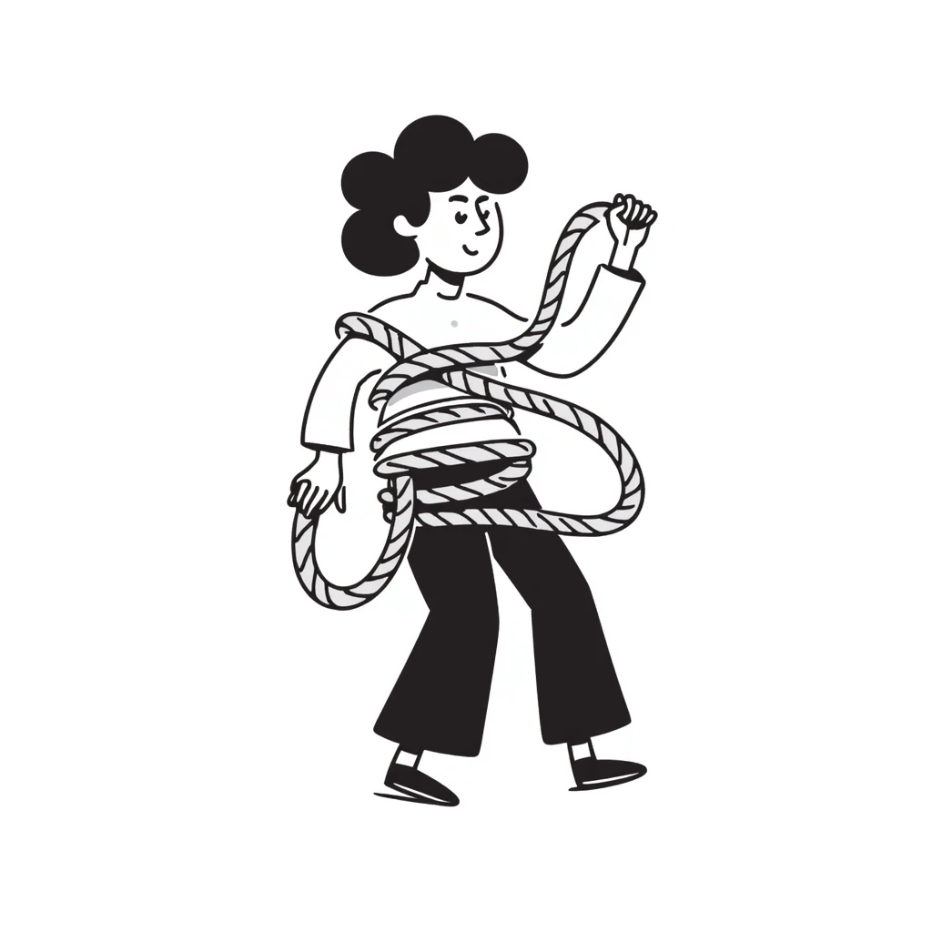 A person humorously tied up and tangled in rope with a silly expression, drawn in a lighthearted way emoji