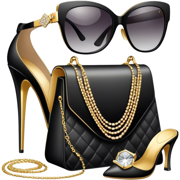 A photorealistic icon featuring luxurious fashion accessories like a high-end handbag, elegant high heels, a sparkling diamond necklace and a stylish pair of sunglasses. The design includes gold accents, soft lighting, and glamorous textures, fashion, and VIP luxury. Transparent background emoji