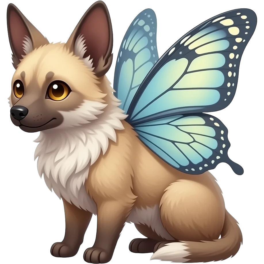 Fluffy furry animal-lupus-creature with tapered tufted ears, butterfly wings on HEAD emoji
