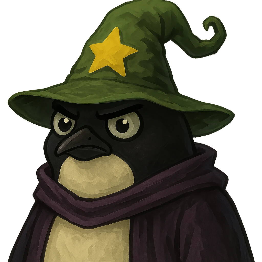 A penguin wizard with a different, unique wizard hat in the style of bufo (green bufo frog meme). emoji