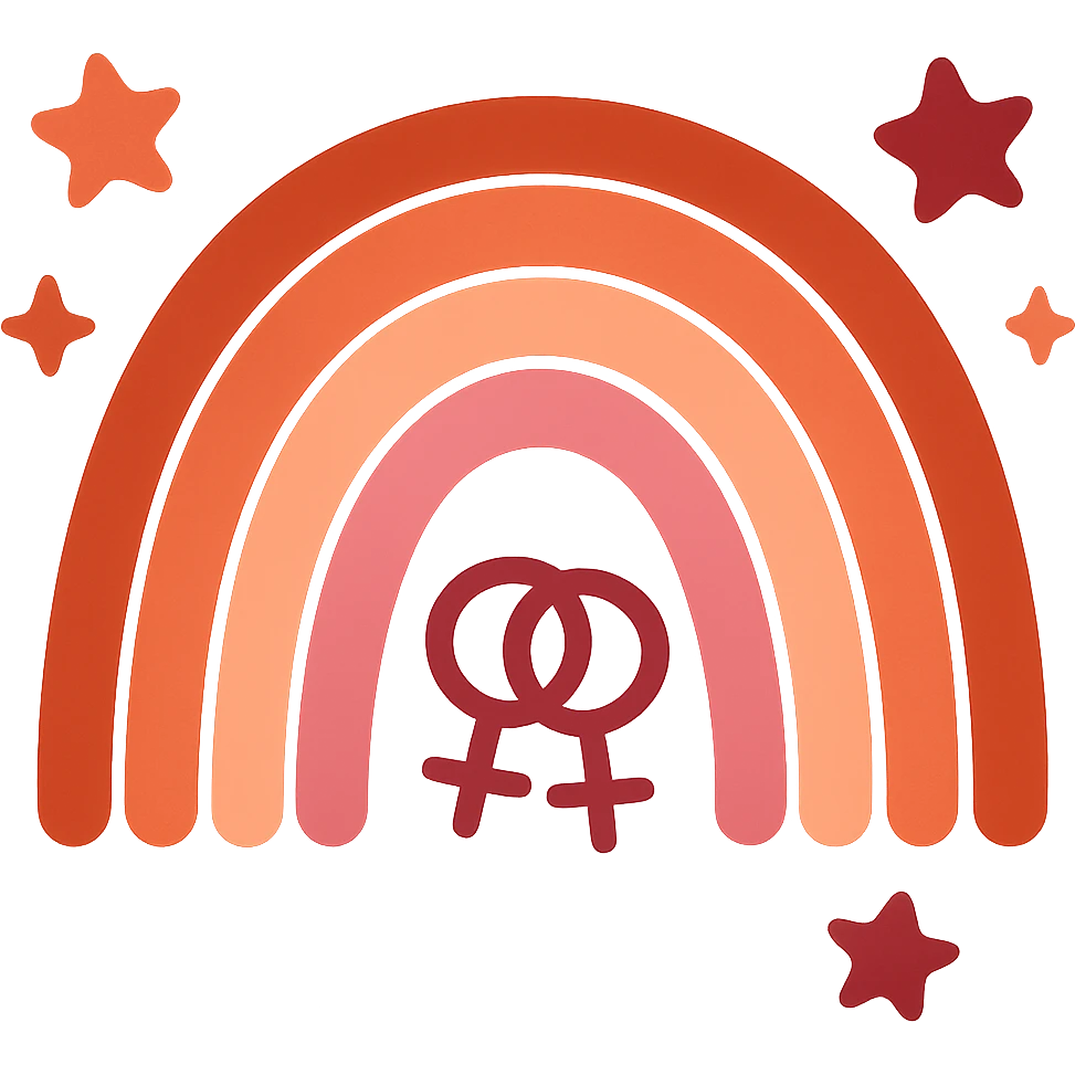 Make the sparkly rainbow more explicitly lesbian by using the lesbian pride flag colors and adding playful double venus or interlocked female symbols. Keep it cute and sparkly, no text, with no background. emoji