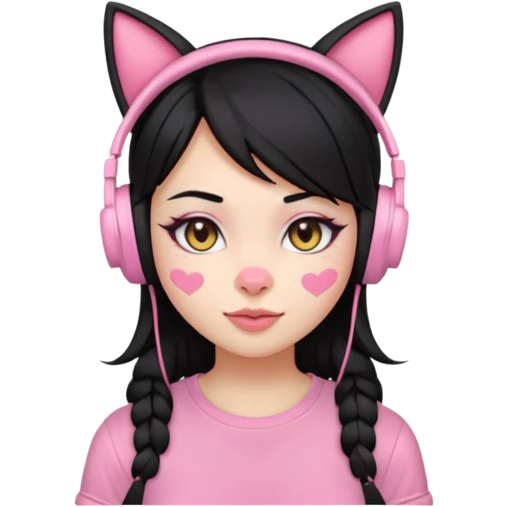 “Emoji girl, pastel pink streaks in black hair hair, bold winged eyeliner, heavy blush on cheeks and nose bridge, under-eye hearts, glossy pink lips, playful smirk and gaming headphones and cat ears.” emoji