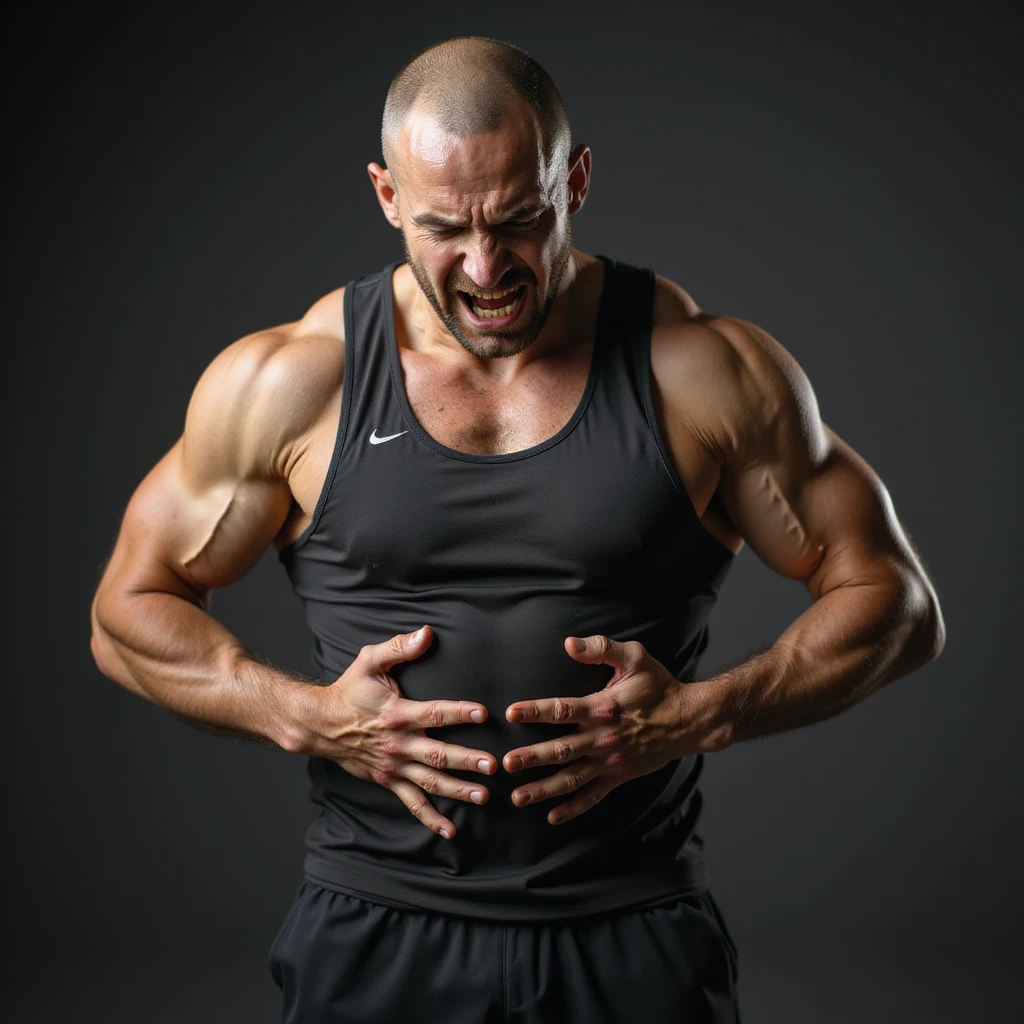 realistic 4K man in sportswear squeezing his belly with both hands, angry expression emoji