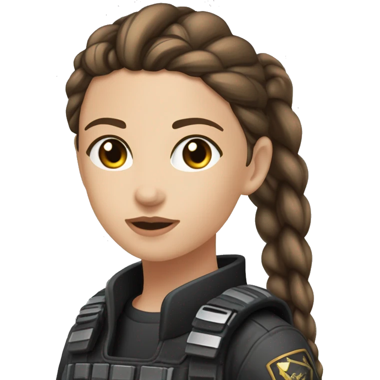 A young woman with a petite and slender build, pale, hazel eyes, and long brown hair that has a silver strand, pulled back into a braid. She’s wearing black tactical battle gear. emoji