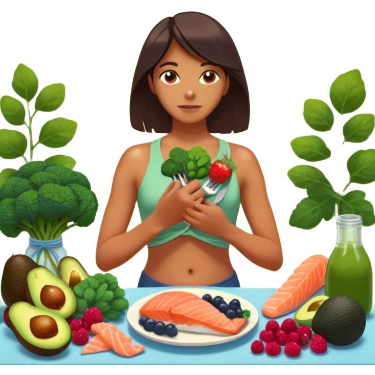 A glowing, energized person stands barefoot in morning sunlight, surrounded by vibrant greens and whole foods—berries, salmon, avocado, broccoli. One hand rests on their heart, the other holding a fork like a tool. Behind them, toxic foods fade into shadow. Their body radiates light from within emoji
