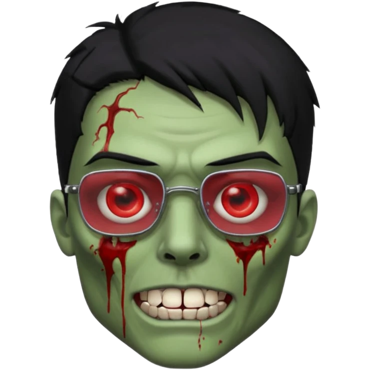 homem zumbi de óculos cabelo preto com muita olheira deixar pele dele verde dentes brancos e olhos vermelhos e ensanguentados deixar óculos quadrado e preto e olhos cheio de veias vermelhas e encher o rosto de piercings colocar piercing em todo rosto piercing prata emoji