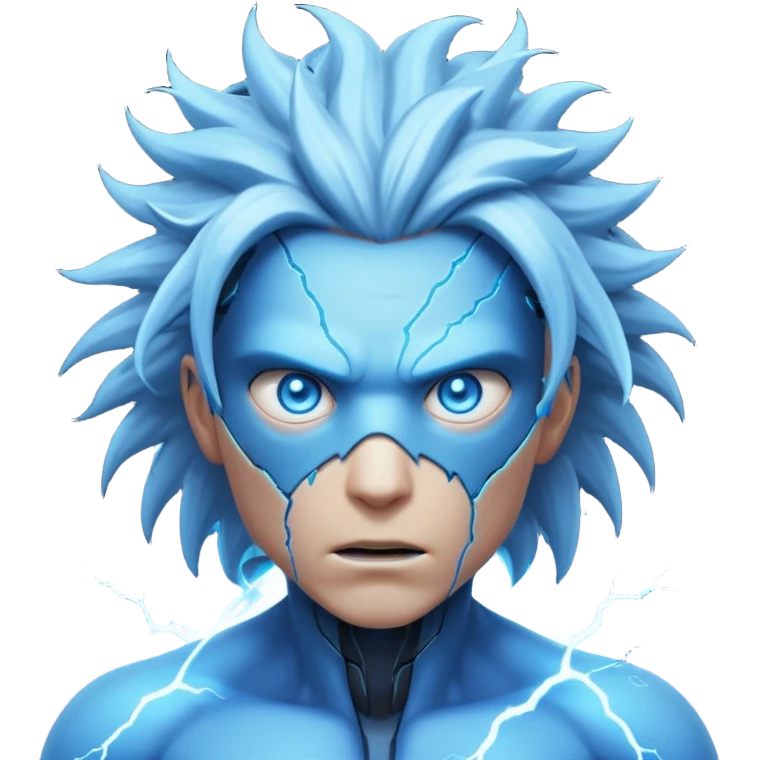 electric lab mutant portrait, head and shoulders only, glowing blue energy cracks on skin, wild hair, intense eyes, sci-fi lab accident vibe, 3D cartoon, mobile game icon style, clean background, no text, no watermark

 emoji