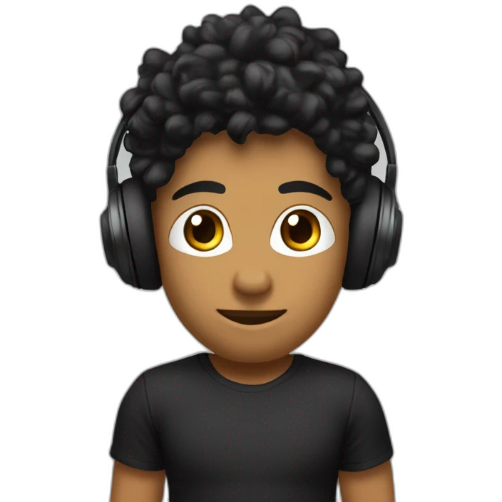 CHICO DE PELO NEGROY CAMISETA NEGRA EN FORMA CON UNOS CASCOS DE MUSICA BLANCOS Y UNA PESA DEL GIMNASIO  emoji