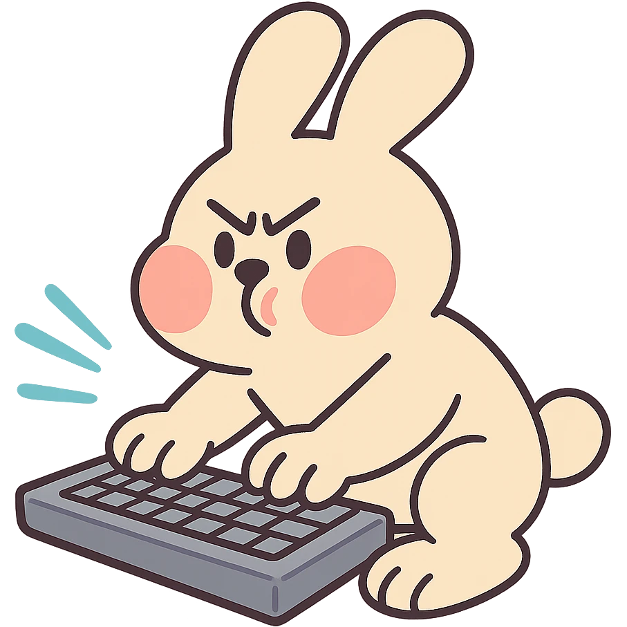 full-body vanilla bunny typing fast on a keyboard, cheeks puffed, pastel-toon style emoji