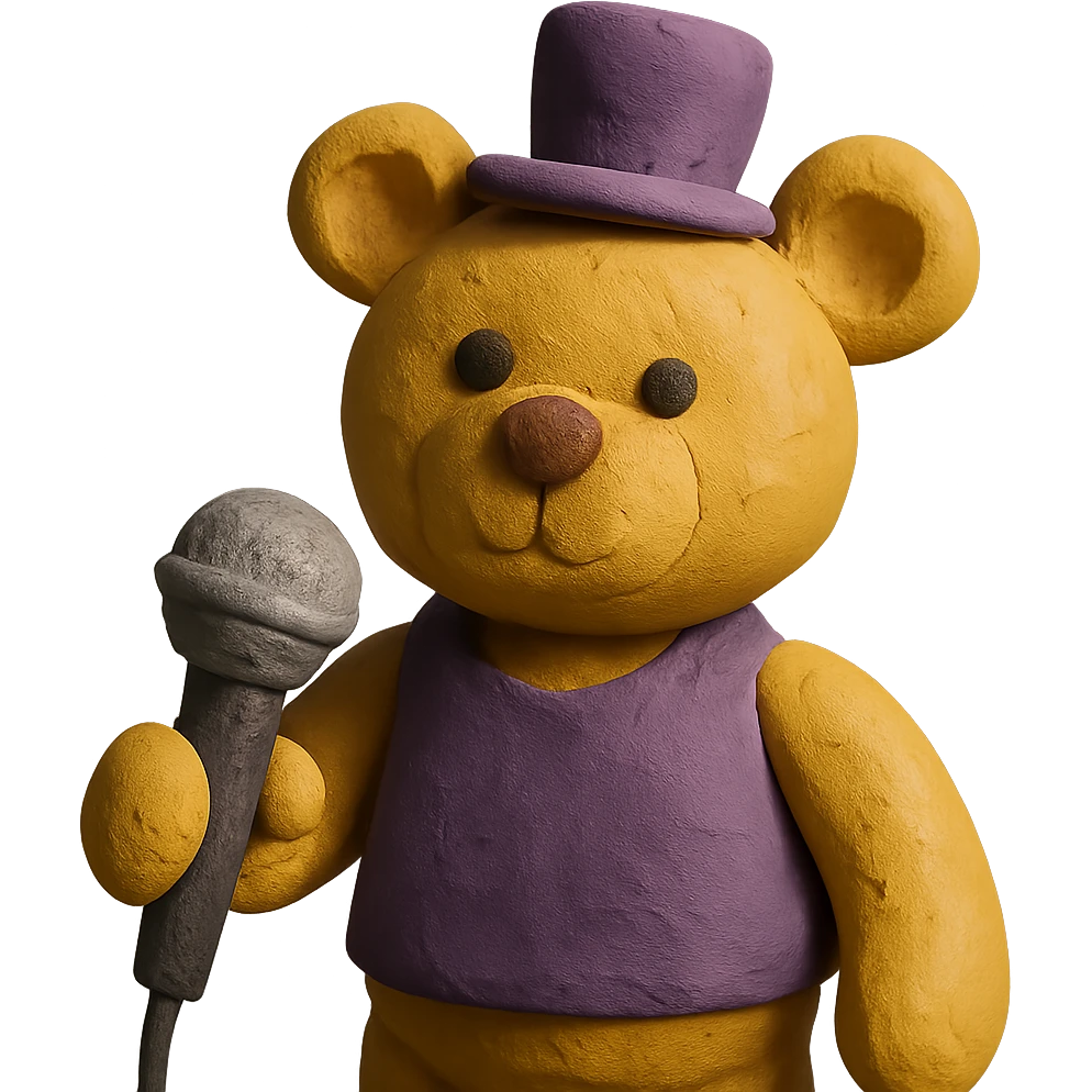 yellow bear plushy with a purple top hat and a mic emoji