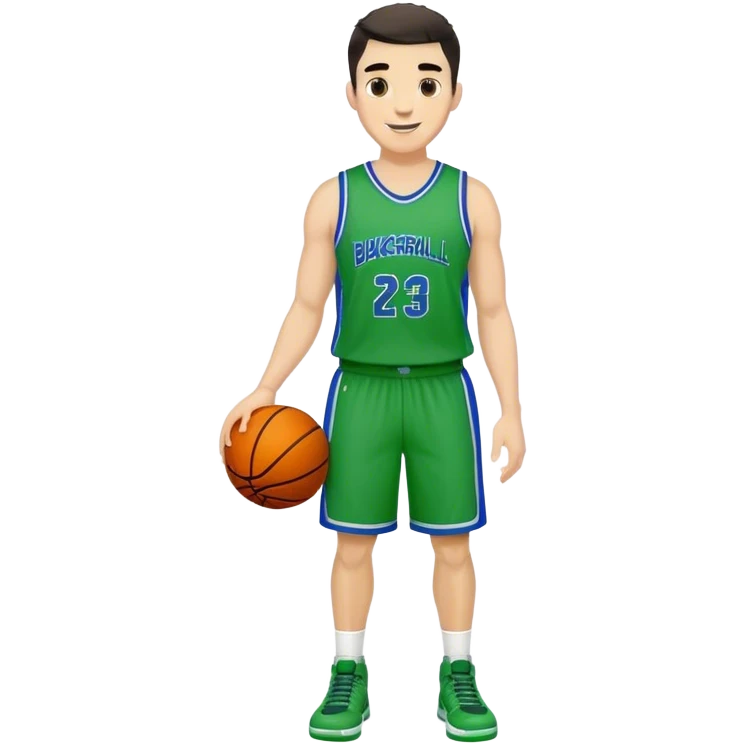 Full Body heavy white male with dark short spike hair basketball player wearing blue green uniform smiling emoji