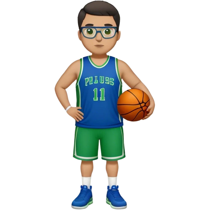 Full Body plus size white male with dark short hair basketball player wearing glasses wearing blue green uniform emoji