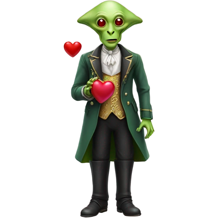a green alien man in Victorian dress white gold, pink hair,holdig, red big hearth, full body emoji