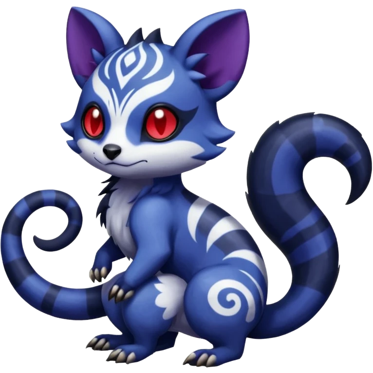 Rare warm-colored exotic gloomy tropical edgy cute epic aesthetic spooky indigo purple white black red gothic colorful Salandit-Furret-Espurr-Meowstic-Civet-species-Fakemon-hybrid-creature, with tribal tattoo markings, full body emoji