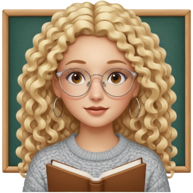 cute white woman with VERY LONG blonde curly hair, brown eyes, full lips, natural clean girl makeup and hoop earrings and square glasses, studying emoji
