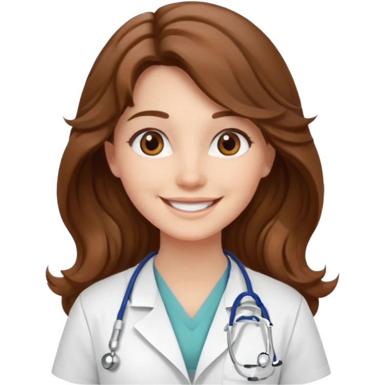 young woman, brown long wavy hair, medical white clothes, friendly, front view, smiling emoji